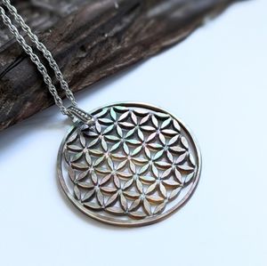 Flower of life mother of pearl necklace, Spiritual Yoga meditation necklace